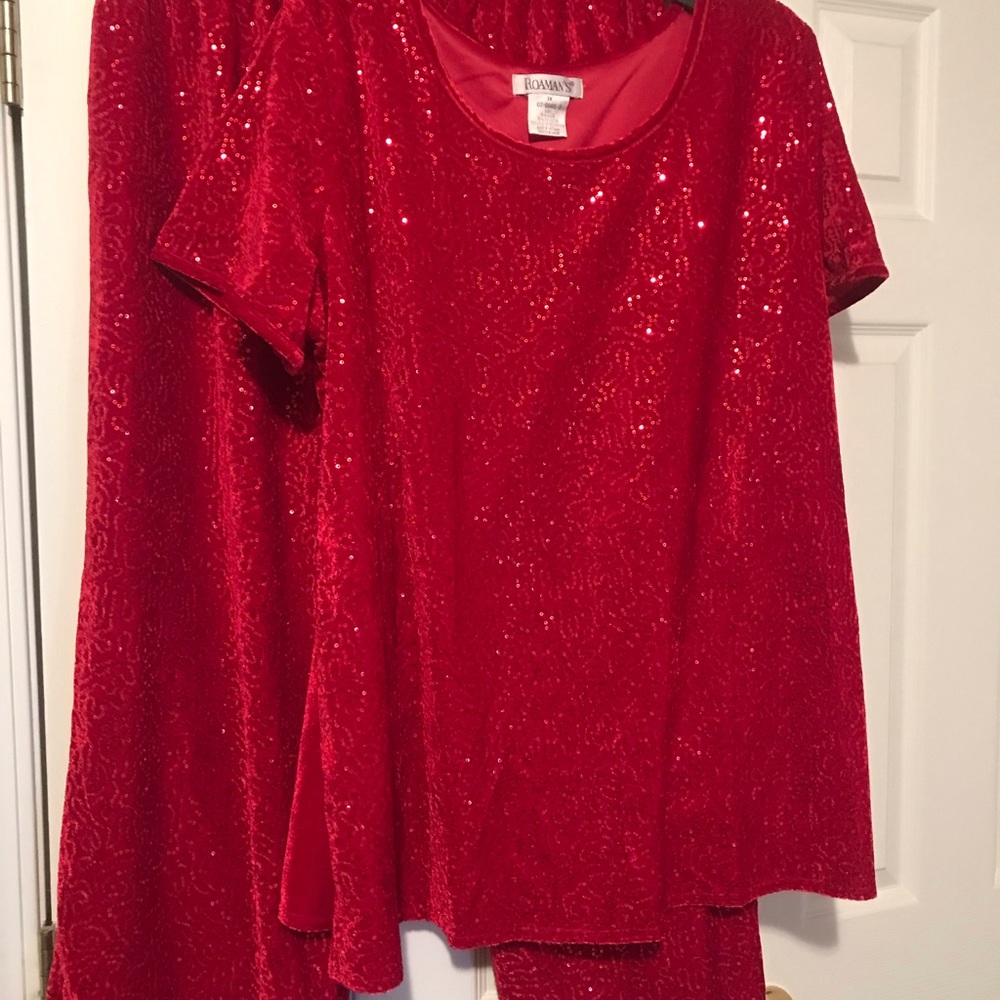 Ladies 2 piece red sequin pant suit.